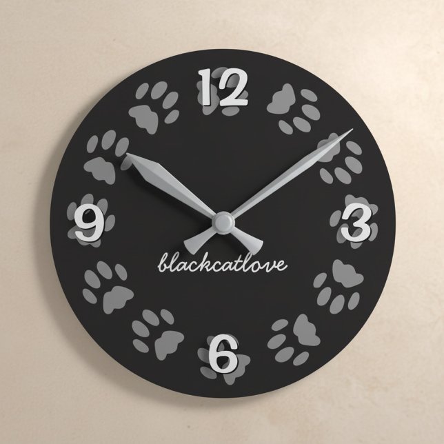  Paw Print Black Personalized Wall Clock (A black cat paw print wall clock with your best friend's name. )