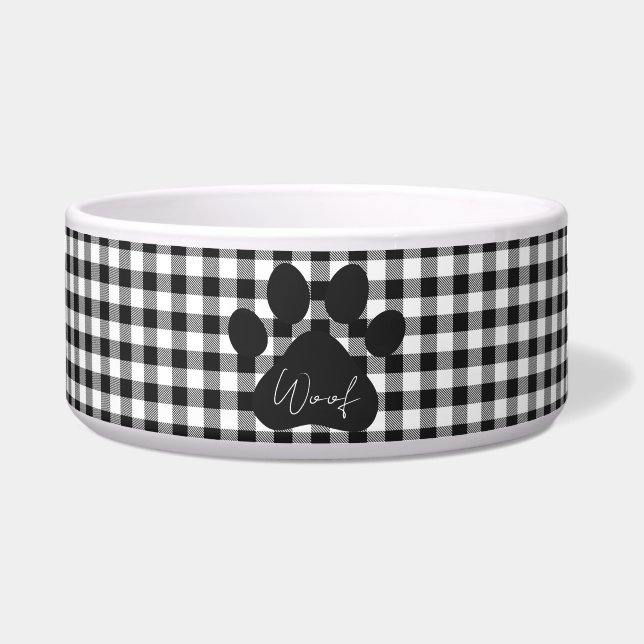 Paw Print Black White WOOF Buffalo Plaid Classic Bowl (Front)