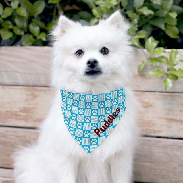 Paw Print Blue Gingham Personalized Name in Red Pet Bandana Collar (Dog)