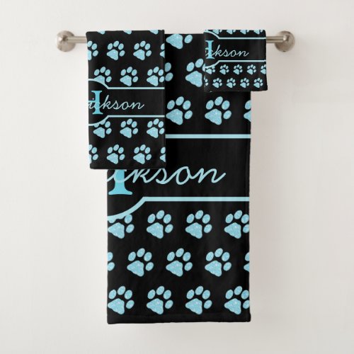 Paw Print Blue Glitter Monogram Name Cat Dog Paw Bath Towel Set