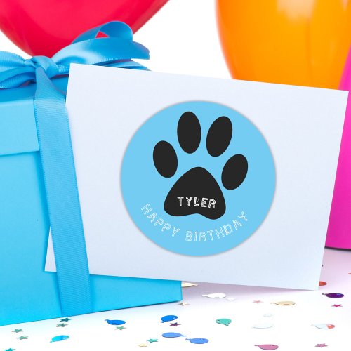 Paw Print Blue Happy Birthday Name Classic Round Sticker