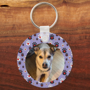 Paw print blue red heart photo keychain
