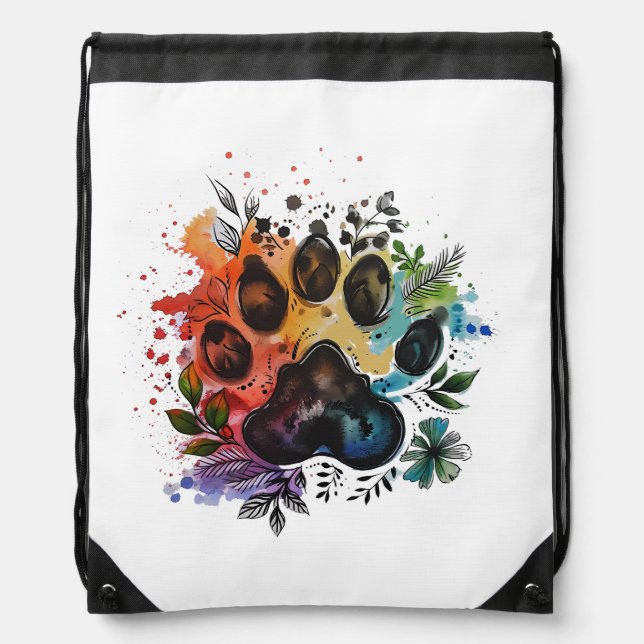 Paw Print Boho Watercolor Drawstring Bag (Front)