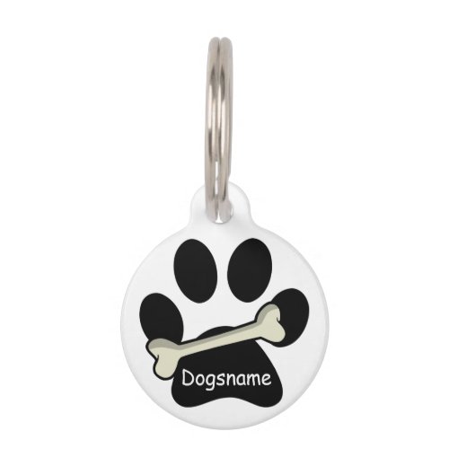 Paw Print Bone Dog ID Name Phone Number on White Pet ID Tag