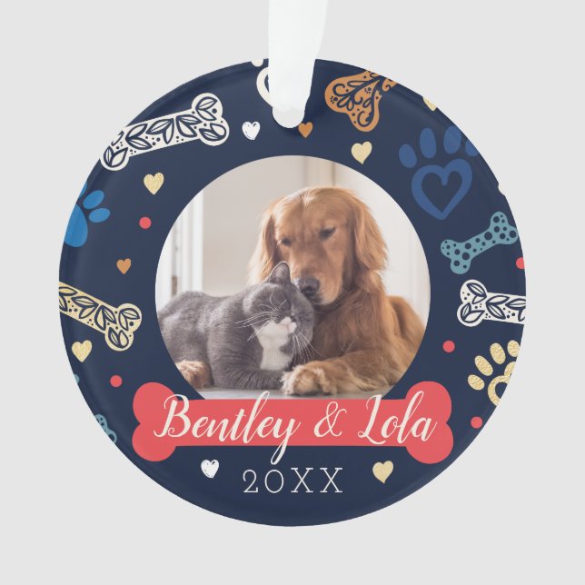 Paw Print & Bones Pattern | Animal Pet Photo Ornament (Front)