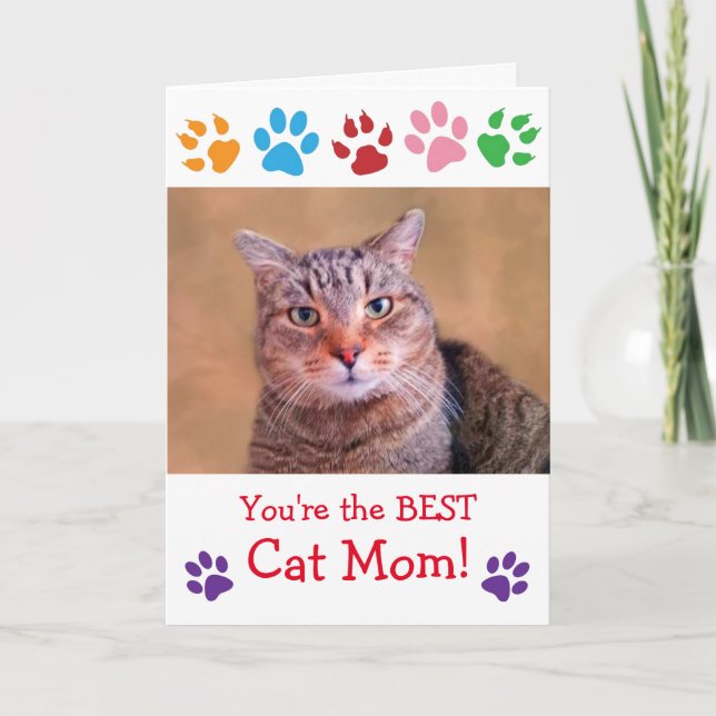 Paw Print Cat Mom Photo Birthday Card (Front)