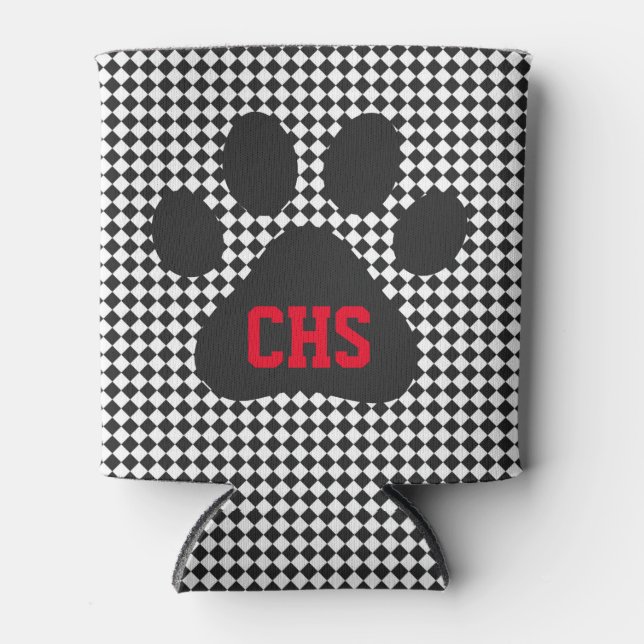 Paw Print Checkerboard School INITIALS Team Colors Can Cooler (Front)