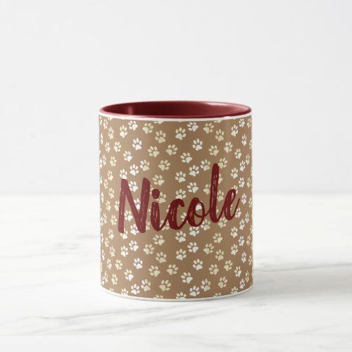 Paw Print Cream and Coffee Mug With Name