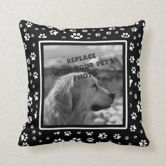 Paw Print Custom Pet Photo Pillow Black and White