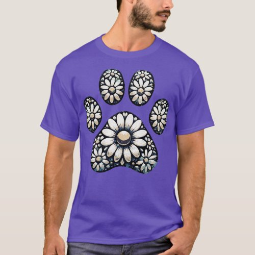 Paw print daisies floral flowers minimal style pet T_Shirt