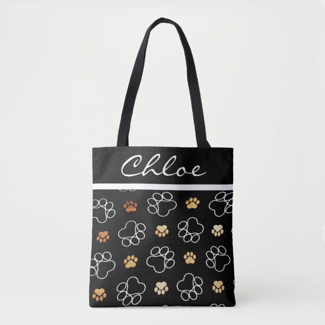 Paw Print Dog Cat Black Customize Name Tote Bag (Front)