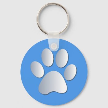 Paw Print Dog  Cat Pet Silver & Blue Keychain by roughcollie at Zazzle