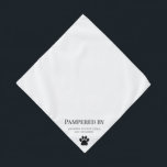 Paw Print Dog Groomer Business Promotional Pet Bandana<br><div class="desc">Simple, modern and minimal dog groomer promotional pet bandana featuring a paw print along with "Pampered by" and your company name in a modern font. Perfect for pet grooming professionals for your furry clients to wear after their groom to promote your business. White background with black text which can be...</div>