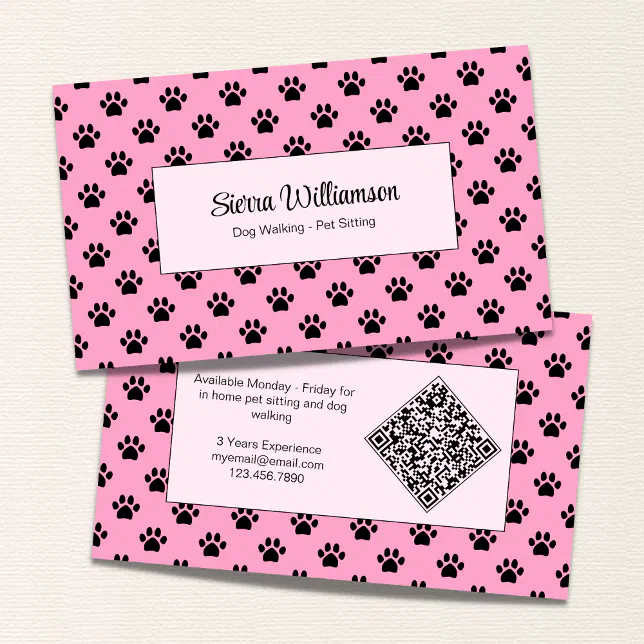 Paw Print Dog Walker Pet Services QR Code Pink Business Card Zazzle