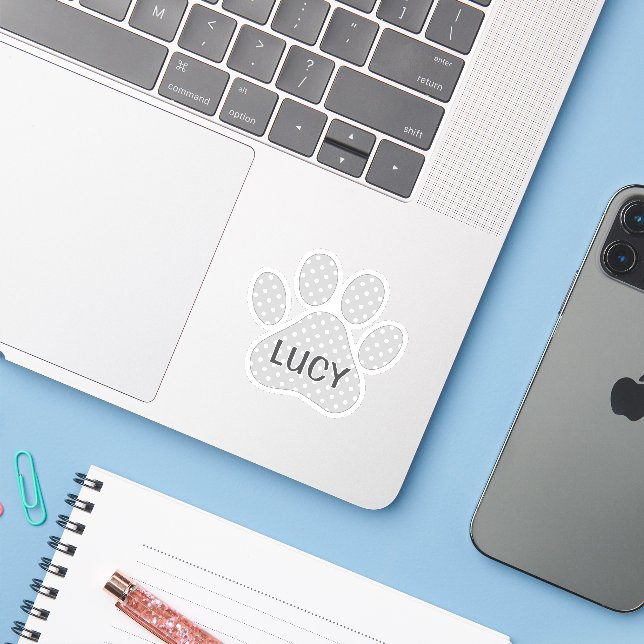 Paw Print Gray and White Polka Dot Pattern Sticker (Laptop w/ iPhone)