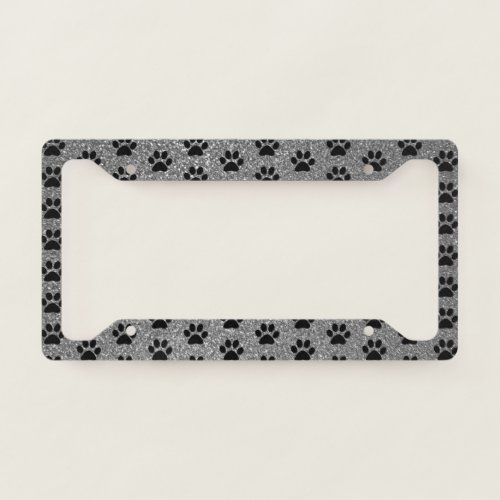Paw Print Grey Gray Glitter Black Patterns Stylish License Plate Frame