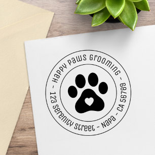 Paw Print Grooming Business Heart Round Address Rubber Stamp