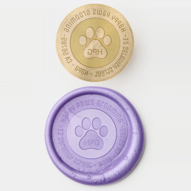 Paw Print Grooming Business Initials Address Wax Seal Stamp (Stamped)