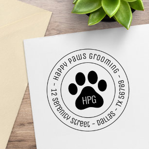 Paw Print Grooming Business Round Address Rubber Stamp