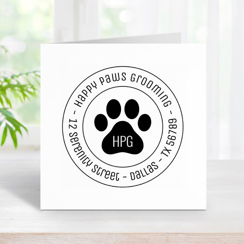 Paw Print Grooming Business Round Address Rubber Stamp