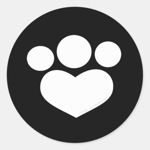 Paw Print Heart 3 inch Black Classic Round Sticker