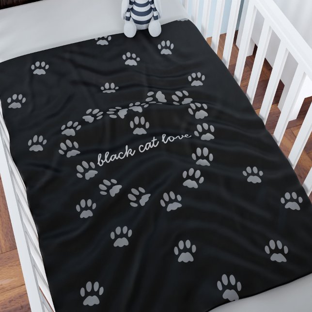 Paw Print Heart Black Custom Cat Pet Baby Blanket (A black and gray paw print heart cat blanket with space for your name)