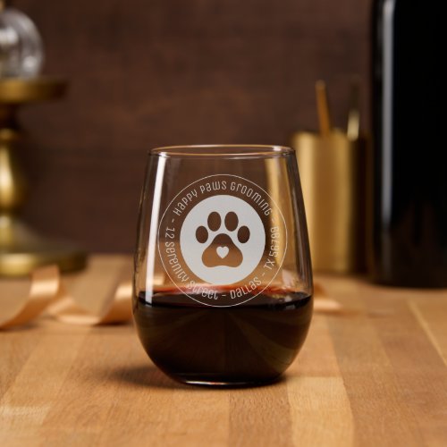 Paw Print Heart Grooming Business Address Stemless Wine Glass