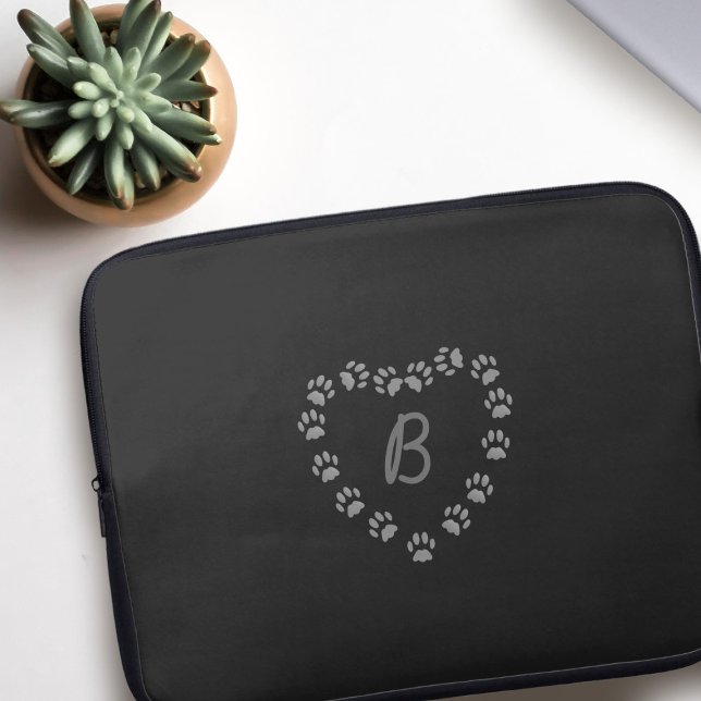Paw Print Heart Monogram Black Laptop Sleeve (A paw print heart black laptop sleeve with space for your initial)