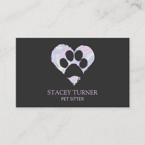 Paw Print Holographic Heart Pet Sitter Dog Walker Business Card