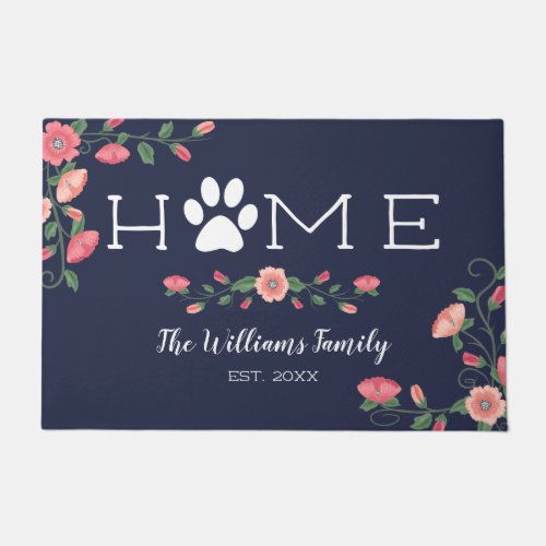 Paw Print Home _ Floral _ Family Name Doormat