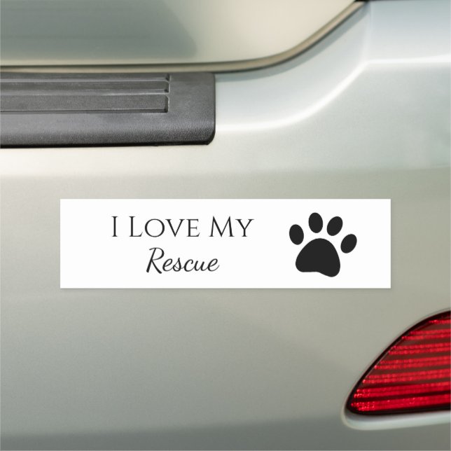 Paw Print I Love My Rescue Black White Car Magnet (In Situ)