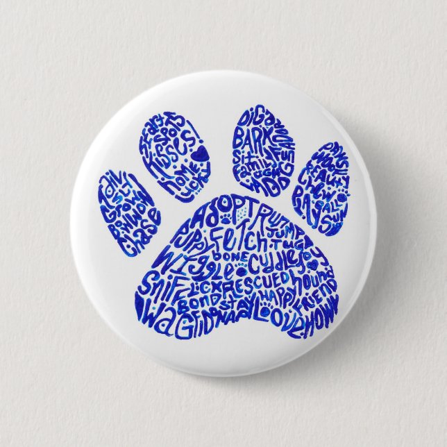 Paw Print in Blue Text - Thoughts about Dogs Pinback Button (Front)