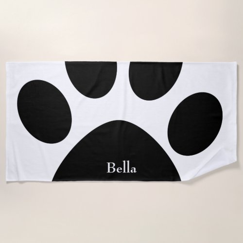 Paw Print Large Pattern Black White Custom Name Beach Towel