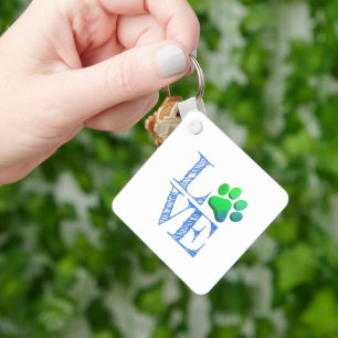 Paw Print LOVE Blue Green Family Pet Fun Keychain