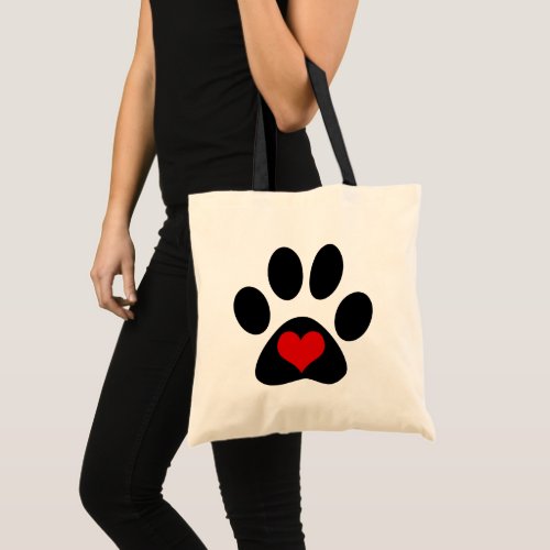 Paw Print Love Red Heart Tote Bag