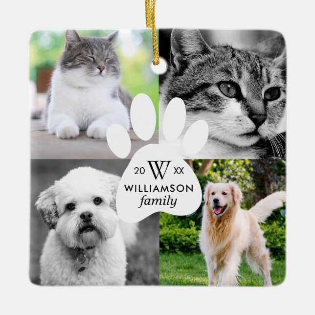 Paw Print Monogram Four Photo Family Pet Collage Ceramic Ornament (Front)