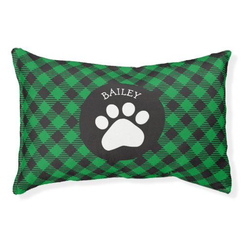 Paw Print on Black Green Buffalo Plaid Dog Bed