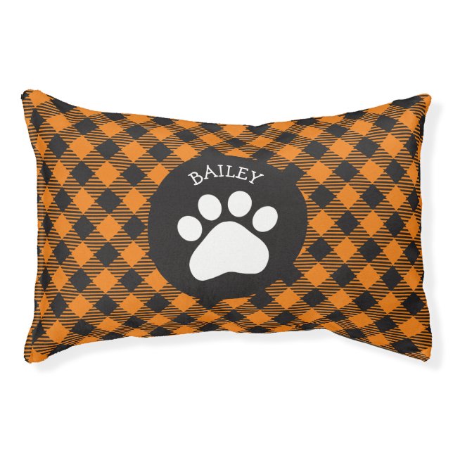 Paw Print on Black Orange Buffalo Plaid Fall Pet Bed (Front)