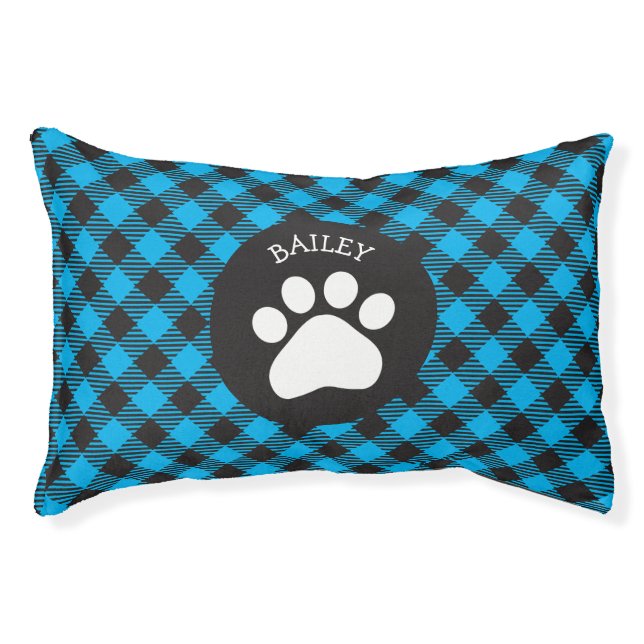 Paw Print on Black & Sky Blue Buffalo Plaid Pet Bed (Front)