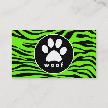 Paw Print On Bright Neon Green Zebra Stripes Business Card by PetWorld at Zazzle