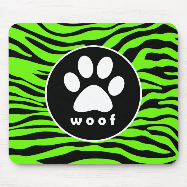 Paw Print on Bright Neon Green Zebra Stripes Mouse Pad (Front)