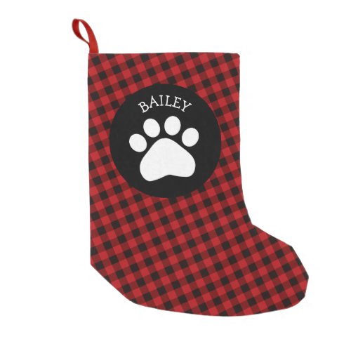 Paw print on Buffalo Check Pet Christmas Stocking