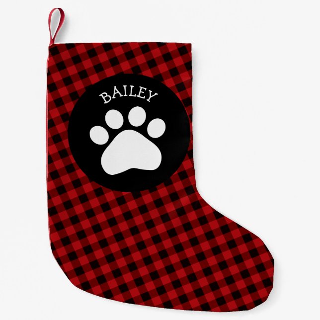 Paw print on Buffalo Check Pet Christmas Stocking (Front)