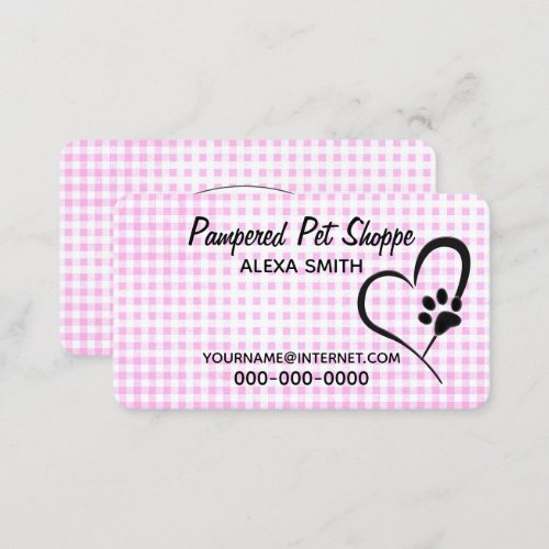 Paw Print On Gingham Pet Grooming  Business Card