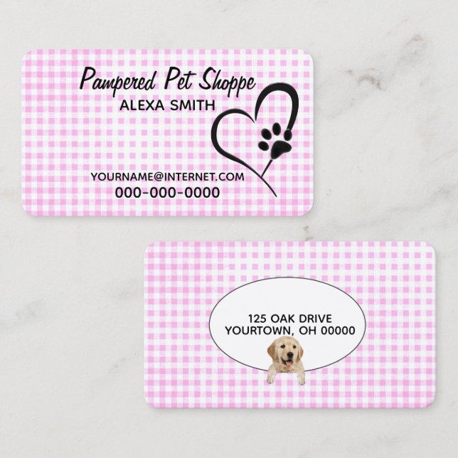 Paw Print On Gingham Pet Grooming  Business Card (Front/Back)