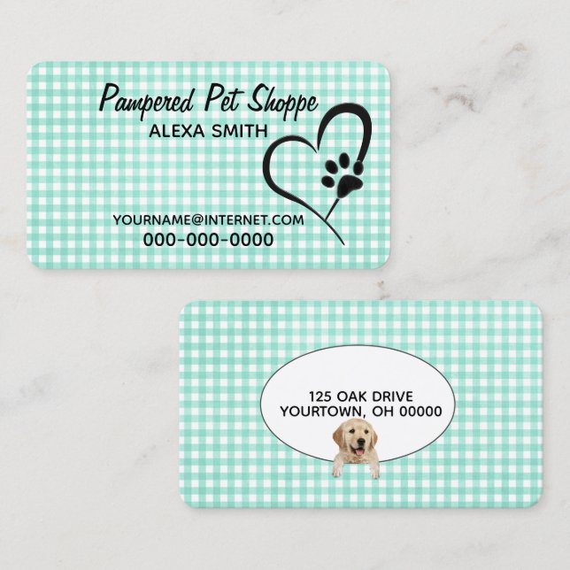 Paw Print On Gingham Pet Grooming Business Card (Front/Back)