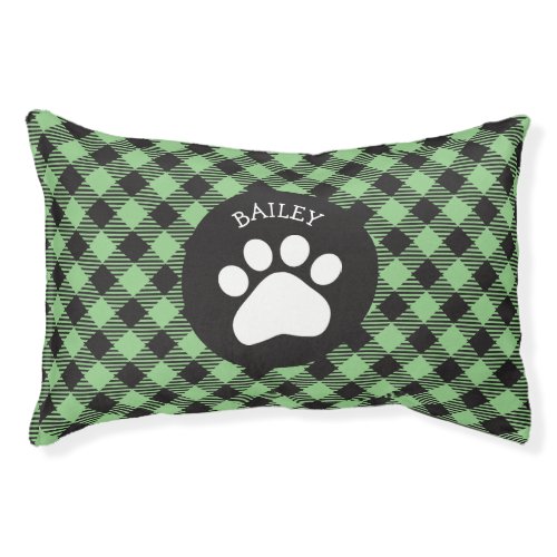 Paw Print on Sage Green Black Buffalo Plaid Pet Bed