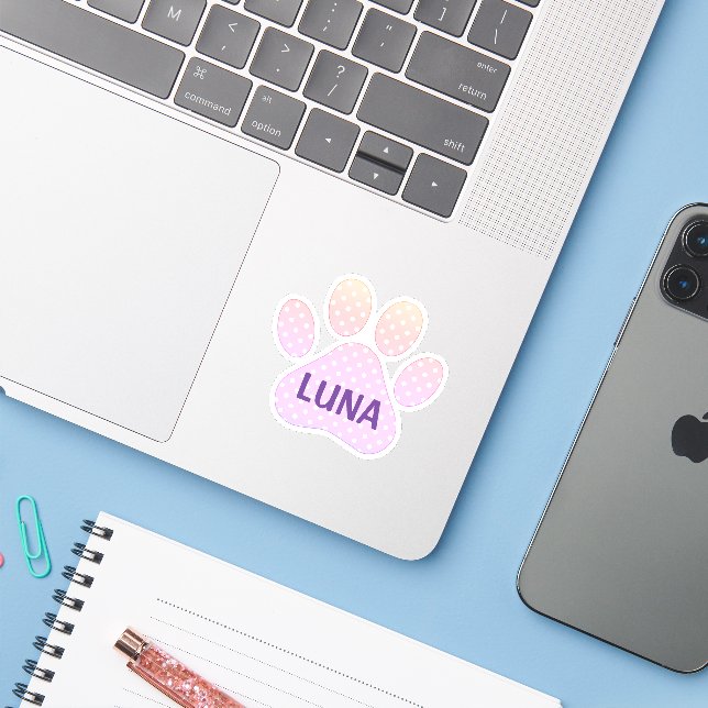 Paw Print Pastel Rainbow Polka Dots With Name Sticker (Laptop w/ iPhone)
