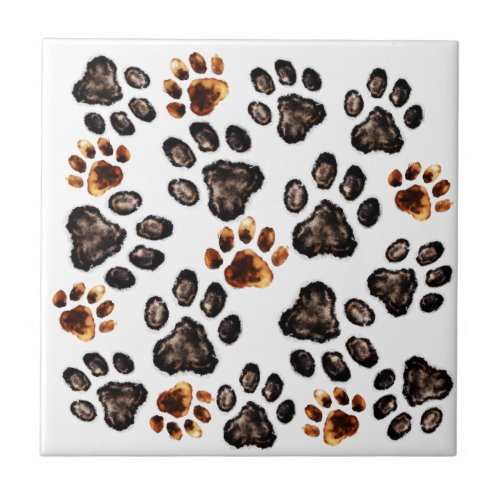 Paw Print Pattern Black Brown Mix Ceramic Tile