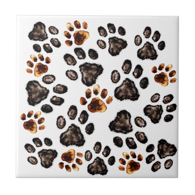 Paw Print Pattern Black Brown Mix Ceramic Tile (Front)